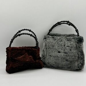 Y2K Inspired Faux Fur Handbag 2pc Set Brown Grey Beaded Handle Plush Bags